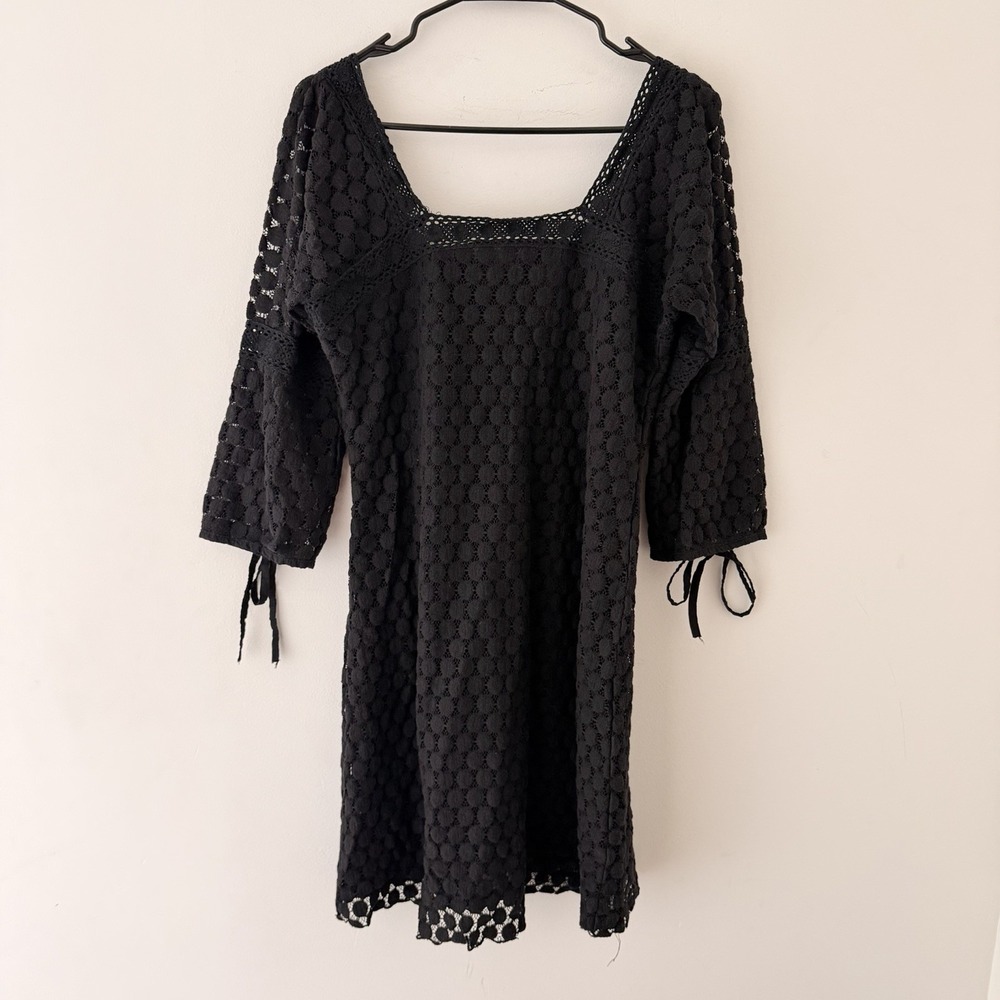Y2K Solitaire Black Crochet Eyelet Mini Dress Size S Sleeve Ties‎ Boho Coquette